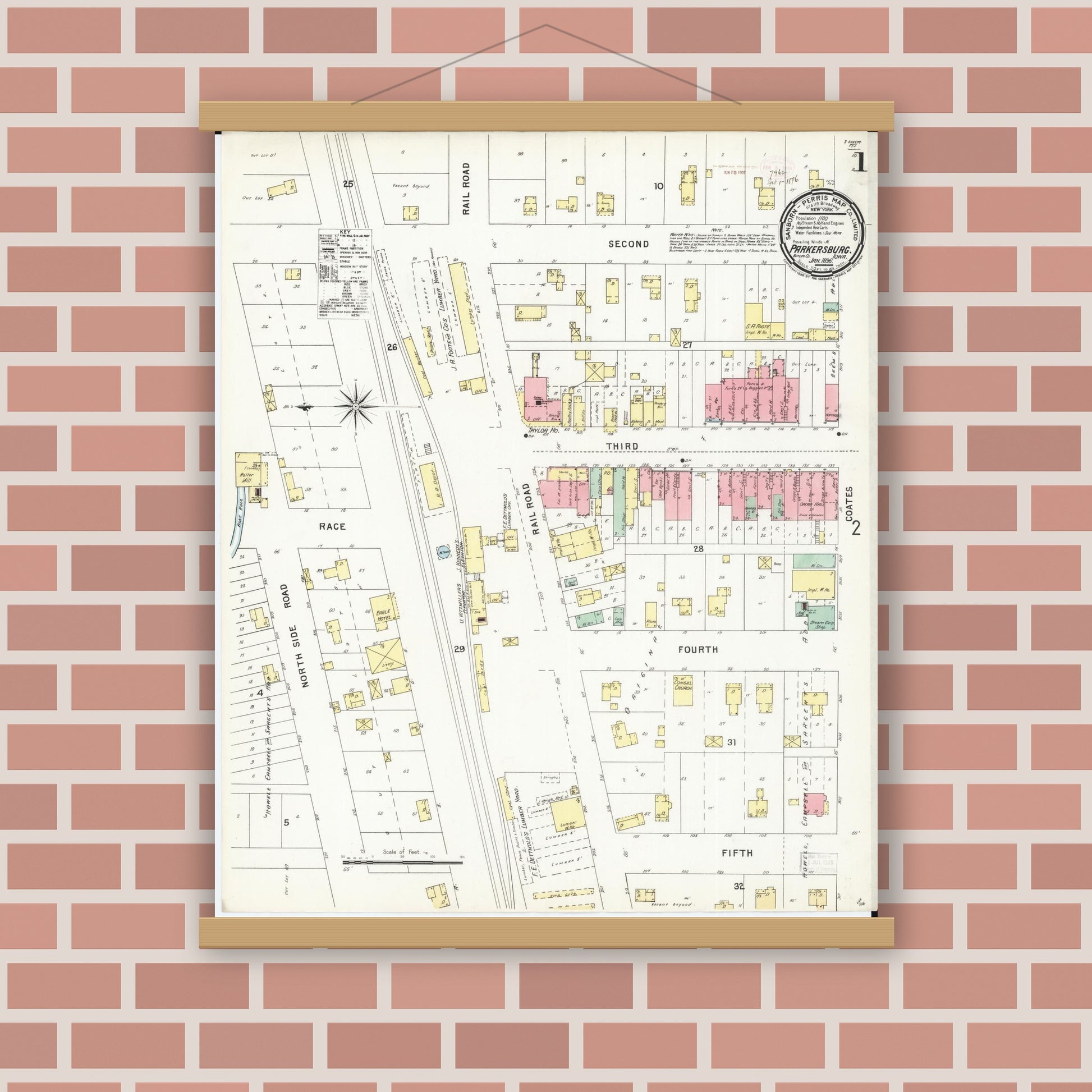 Old map wall art mockup — magnetic wood frame on brick wall — Sanborn Fire Insurance Map from Parkersburg, Butler County, Iowa (1896), Sheet #0001
