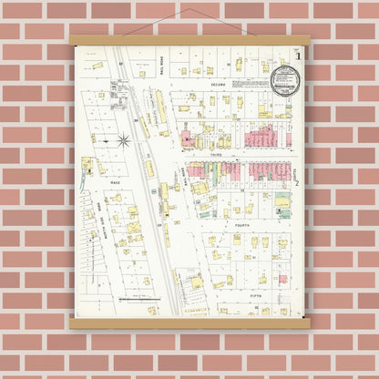 Old map wall art mockup — magnetic wood frame on brick wall — Sanborn Fire Insurance Map from Parkersburg, Butler County, Iowa (1896), Sheet #0001