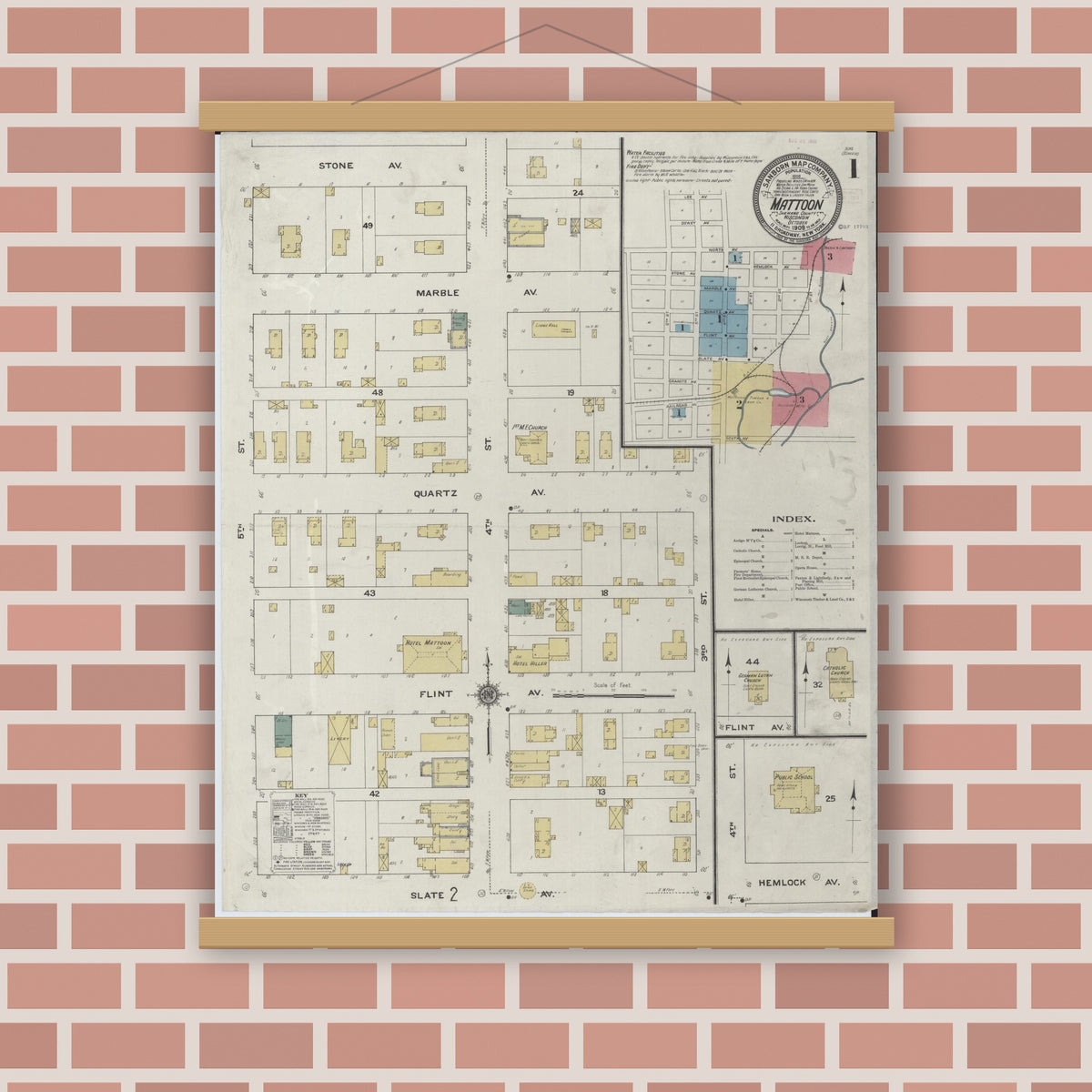 Old map wall art mockup — magnetic wood frame on brick wall — Sanborn Fire Insurance Map from Mattoon, Shawano County, Wisconsin (1909) - Complete Map Set