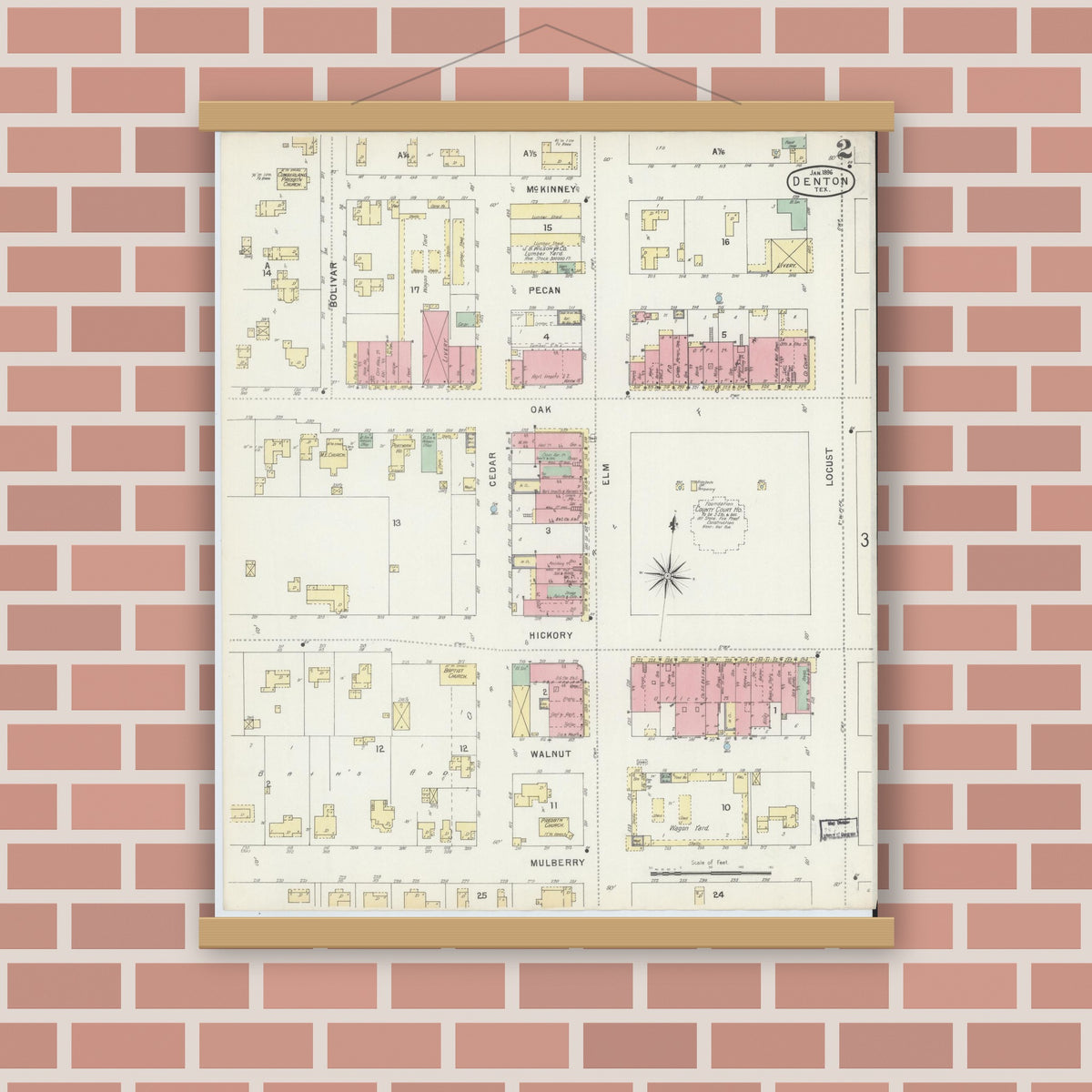 Old map wall art mockup — magnetic wood frame on brick wall — Sanborn Fire Insurance Map from Denton, Denton County, Texas (1896), Sheet #0002
