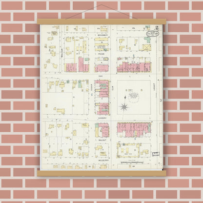Old map wall art mockup — magnetic wood frame on brick wall — Sanborn Fire Insurance Map from Denton, Denton County, Texas (1896), Sheet #0002