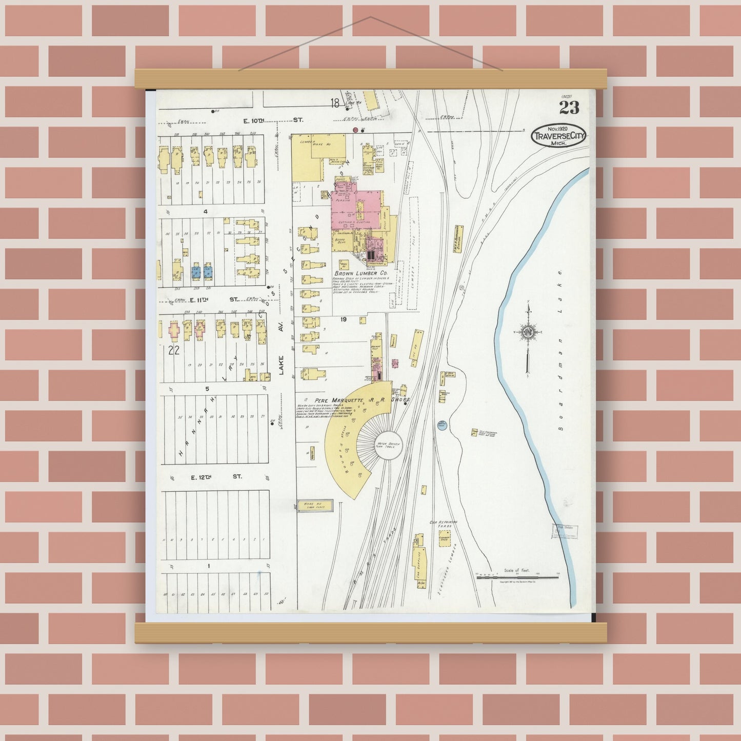 Old map wall art mockup — magnetic wood frame on brick wall — Sanborn Fire Insurance Map from Traverse City, Grand Traverse County, Michigan (1920), Sheet #0023