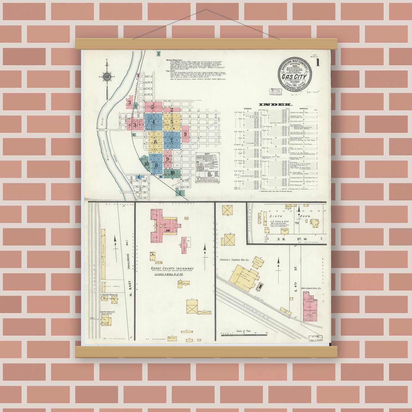 Old map wall art mockup — magnetic wood frame on brick wall — Sanborn Fire Insurance Map from Gas City, Grant County, Indiana (1911) - Complete Map Set