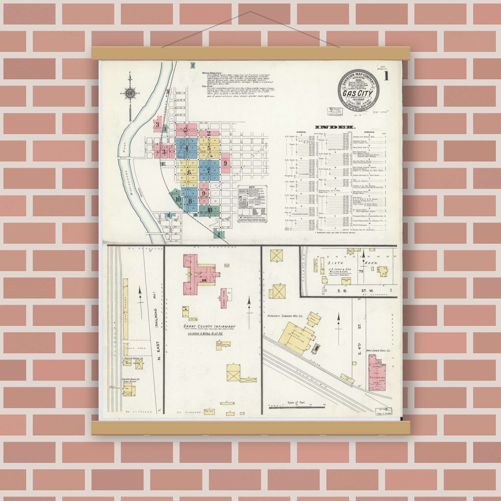Old map wall art mockup — magnetic wood frame on brick wall — Sanborn Fire Insurance Map from Gas City, Grant County, Indiana (1911) - Complete Map Set