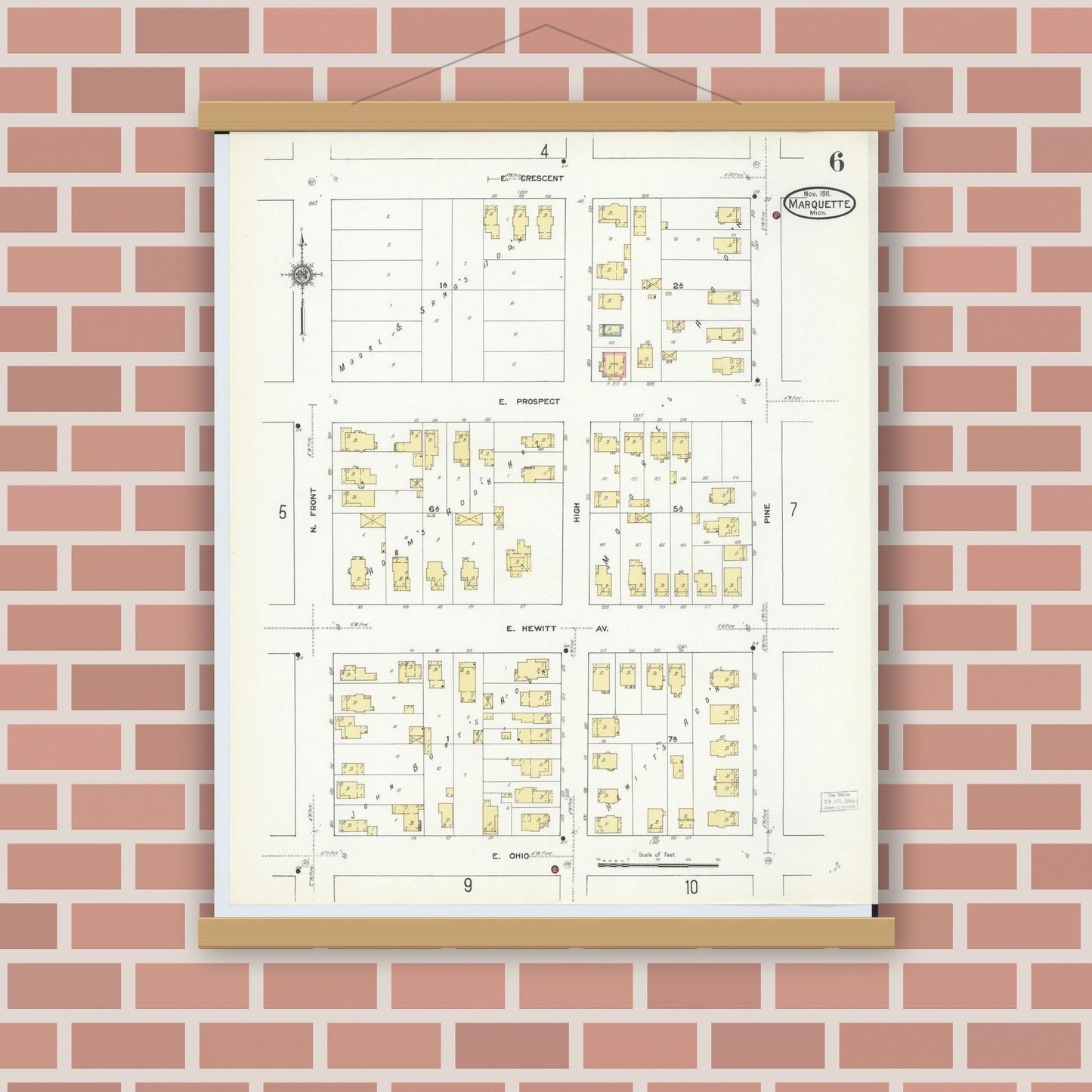 Old map wall art mockup — magnetic wood frame on brick wall — Sanborn Fire Insurance Map from Marquette, Marquette County, Michigan (1911), Sheet #0006