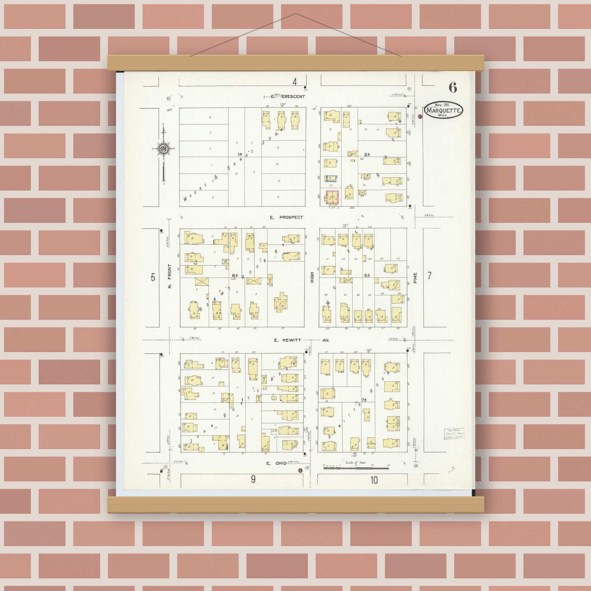 Old map wall art mockup — magnetic wood frame on brick wall — Sanborn Fire Insurance Map from Marquette, Marquette County, Michigan (1911), Sheet #0006