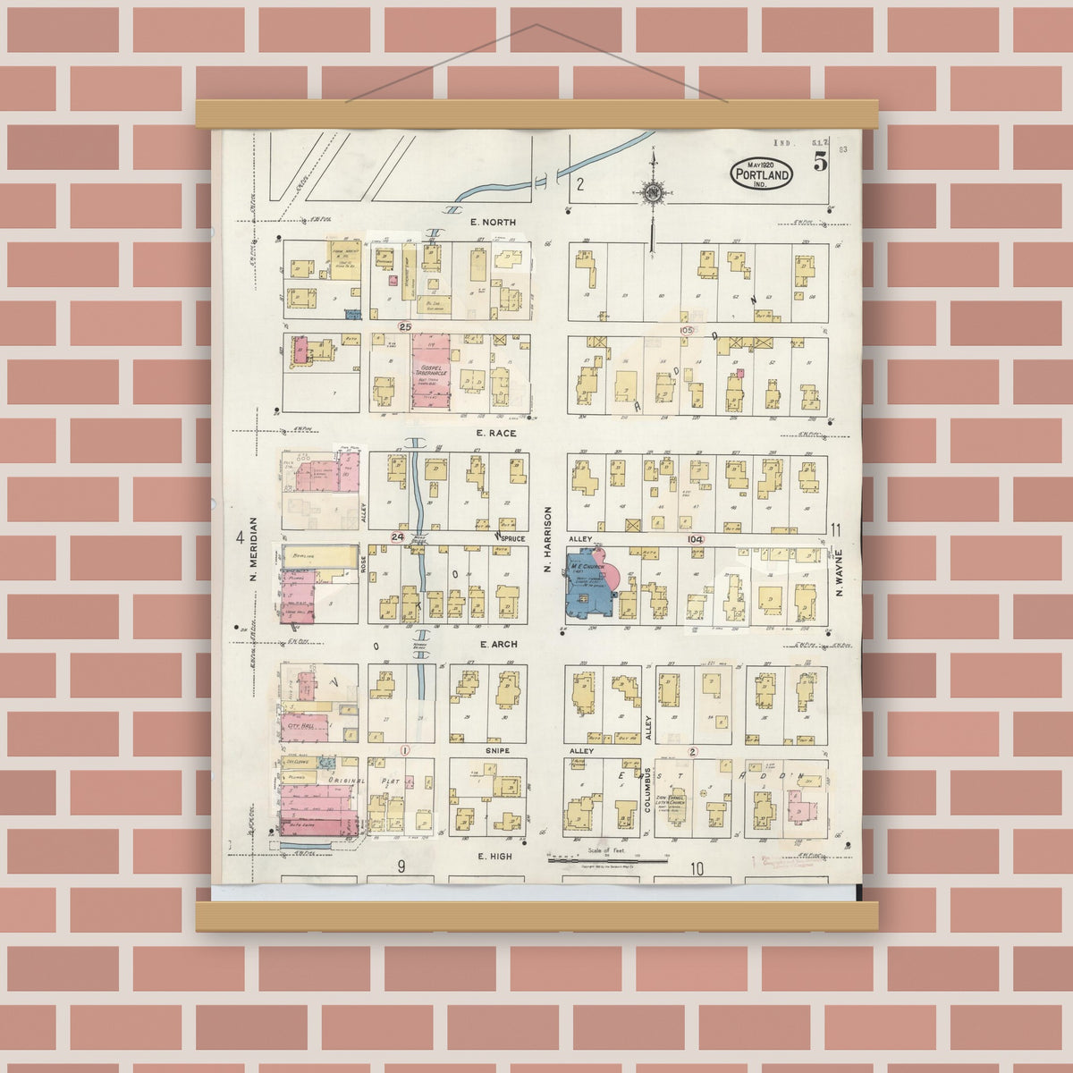 Old map wall art mockup — magnetic wood frame on brick wall — Sanborn Fire Insurance Map from Portland, Jay County, Indiana (1946), Sheet #0005