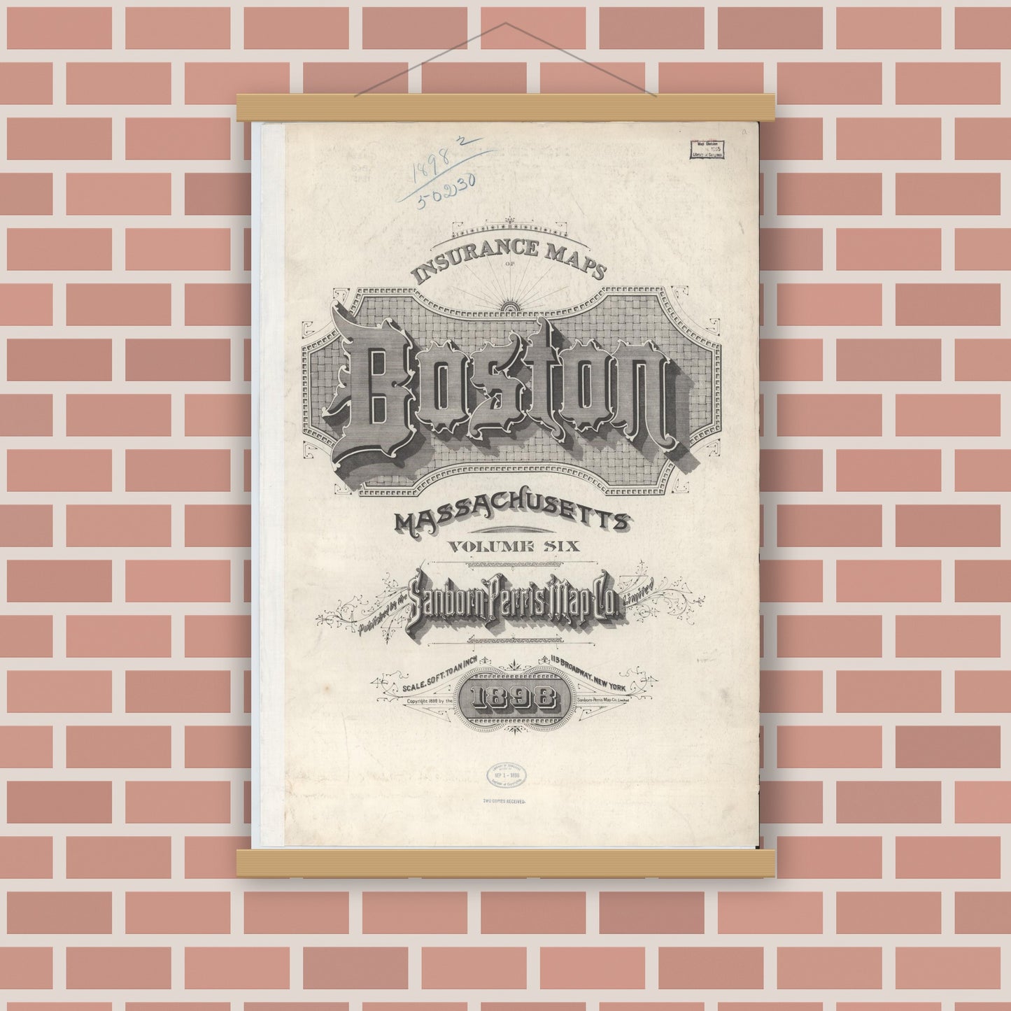 Old map wall art mockup — magnetic wood frame on brick wall — Sanborn Fire Insurance Map from Boston, Suffolk County, Massachusetts (1898), Sheet #0001