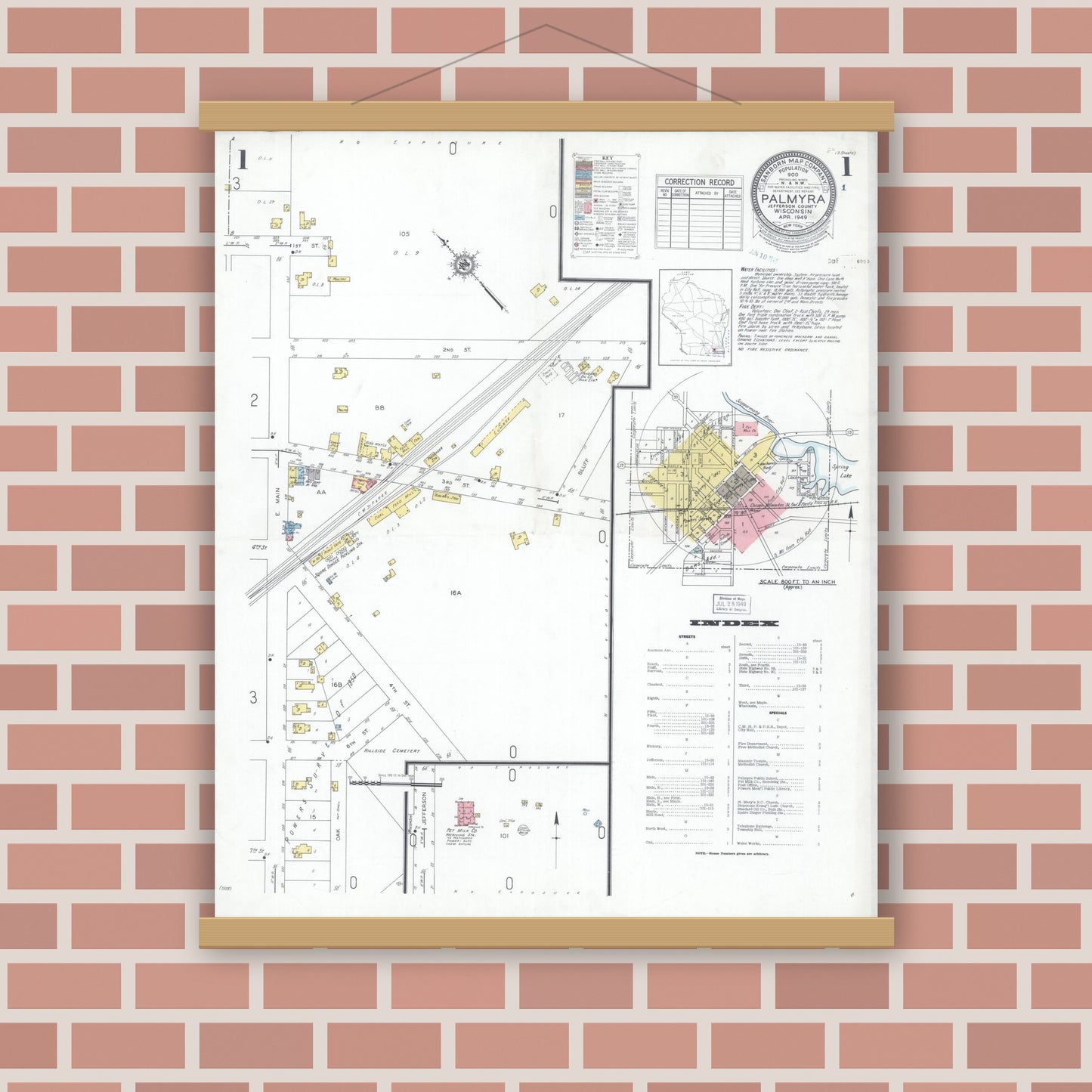 Old map wall art mockup — magnetic wood frame on brick wall — Sanborn Fire Insurance Map from Palmyra, Jefferson County, Wisconsin (1949) - Complete Map Set