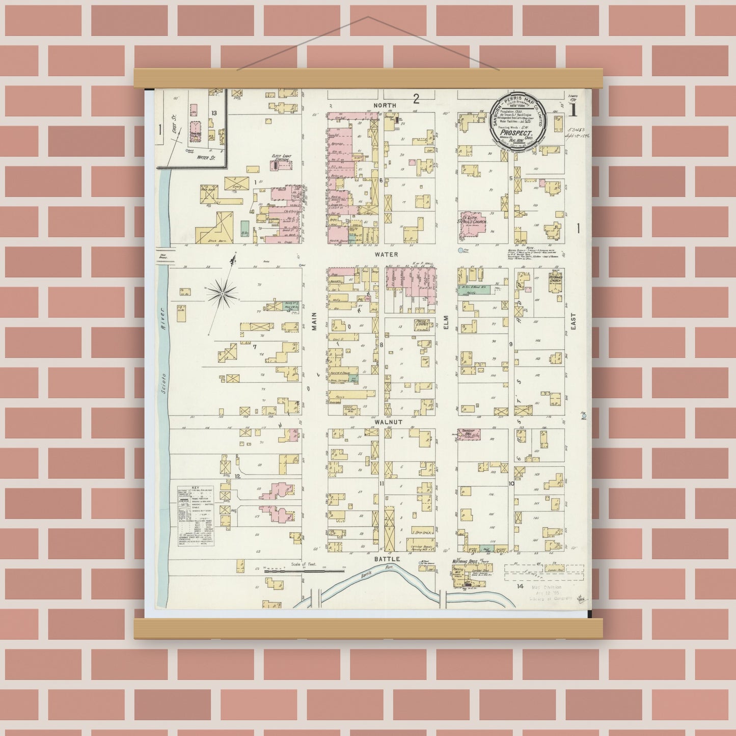 Old map wall art mockup — magnetic wood frame on brick wall — Sanborn Fire Insurance Map from Prospect, Marion County, Ohio (1896) - Complete Map Set