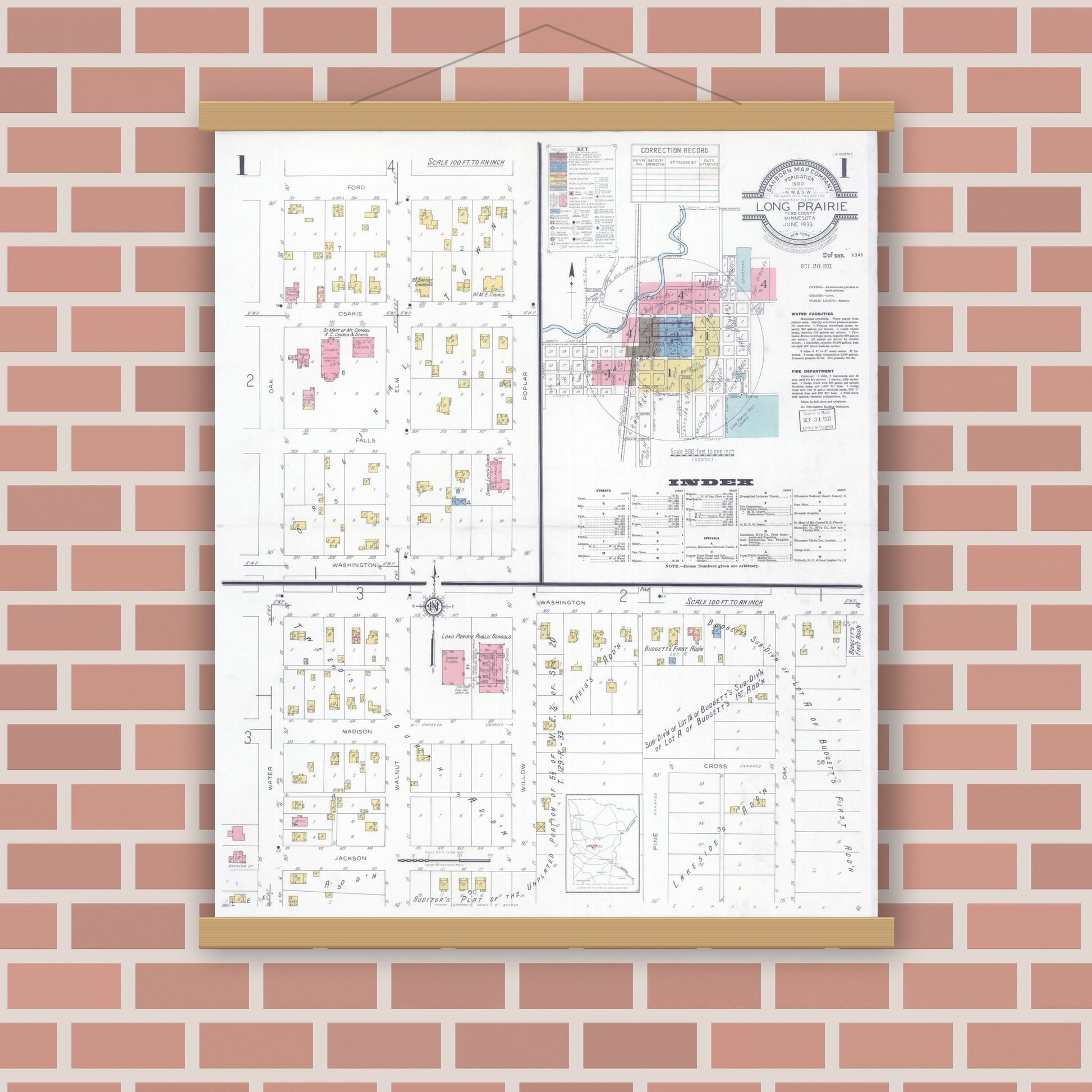 Old map wall art mockup — magnetic wood frame on brick wall — Sanborn Fire Insurance Map from Long Prairie, Todd County, Minnesota (1933) - Complete Map Set