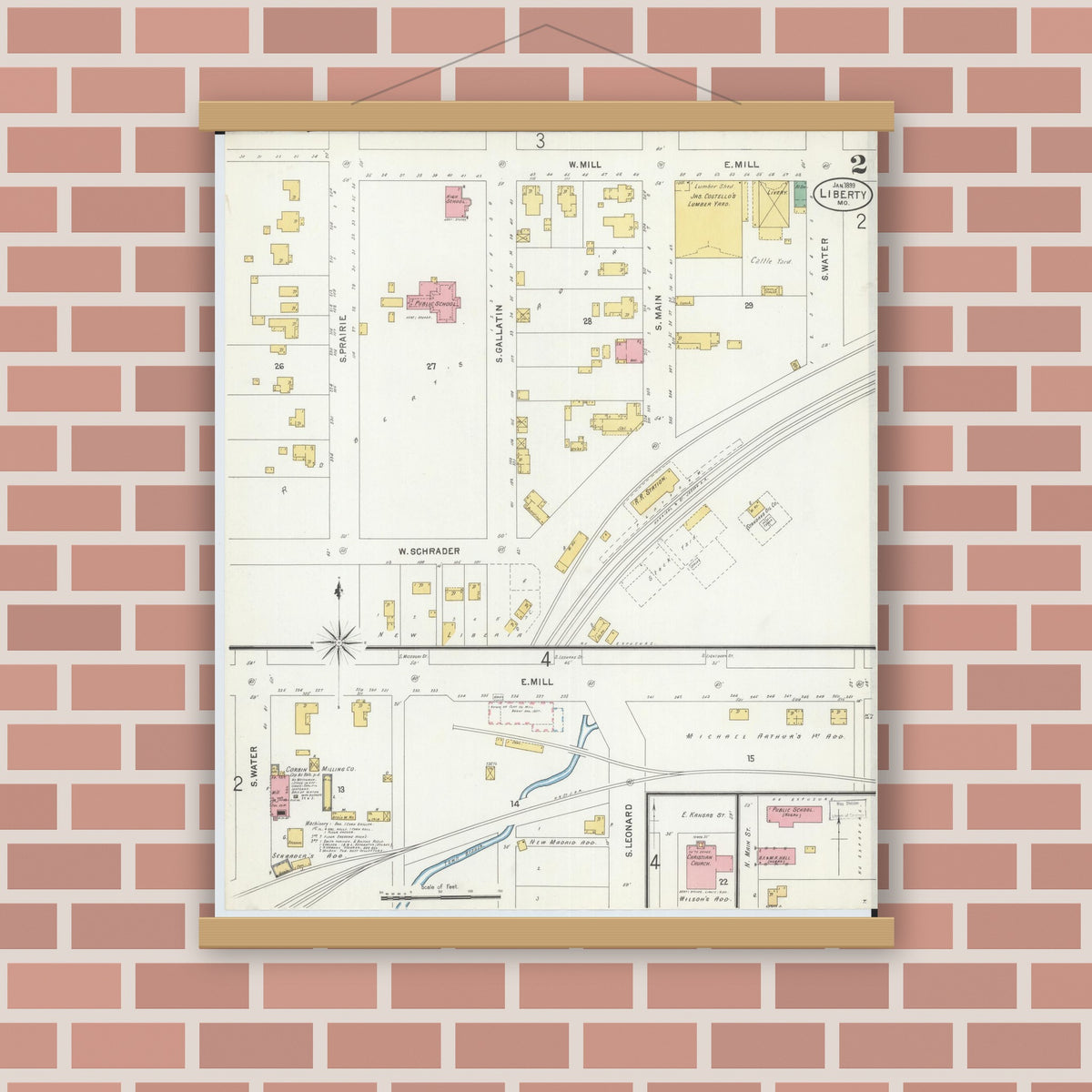 Old map wall art mockup — magnetic wood frame on brick wall — Sanborn Fire Insurance Map from Liberty, Clay County, Missouri (1899), Sheet #0002