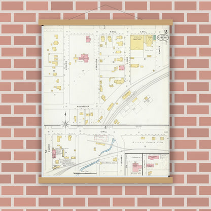 Old map wall art mockup — magnetic wood frame on brick wall — Sanborn Fire Insurance Map from Liberty, Clay County, Missouri (1899), Sheet #0002