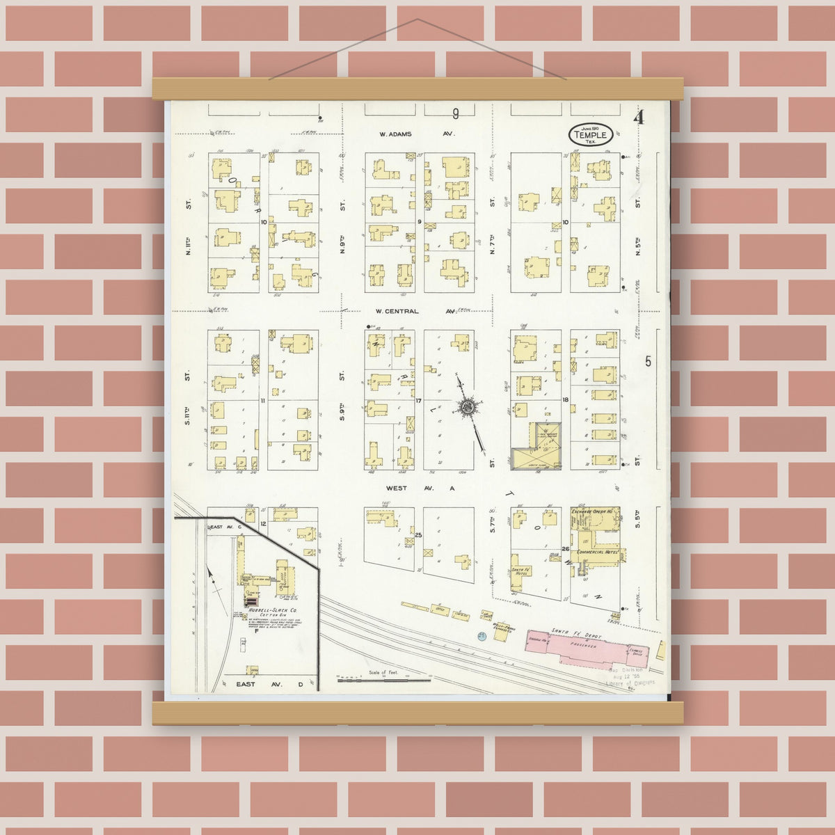 Old map wall art mockup — magnetic wood frame on brick wall — Sanborn Fire Insurance Map from Temple, Bell County, Texas (1910), Sheet #0004