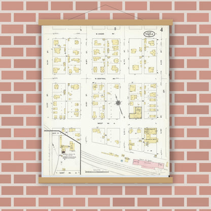 Old map wall art mockup — magnetic wood frame on brick wall — Sanborn Fire Insurance Map from Temple, Bell County, Texas (1910), Sheet #0004