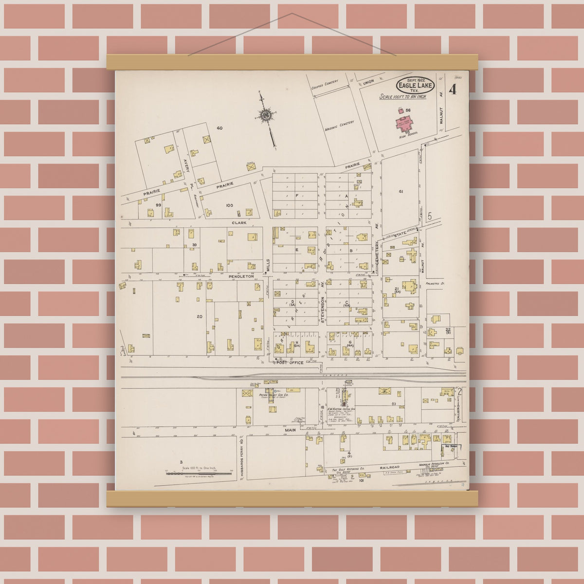 Old map wall art mockup — magnetic wood frame on brick wall — Sanborn Fire Insurance Map from Eagle Lake, Colorado County, Texas (1922), Sheet #0004