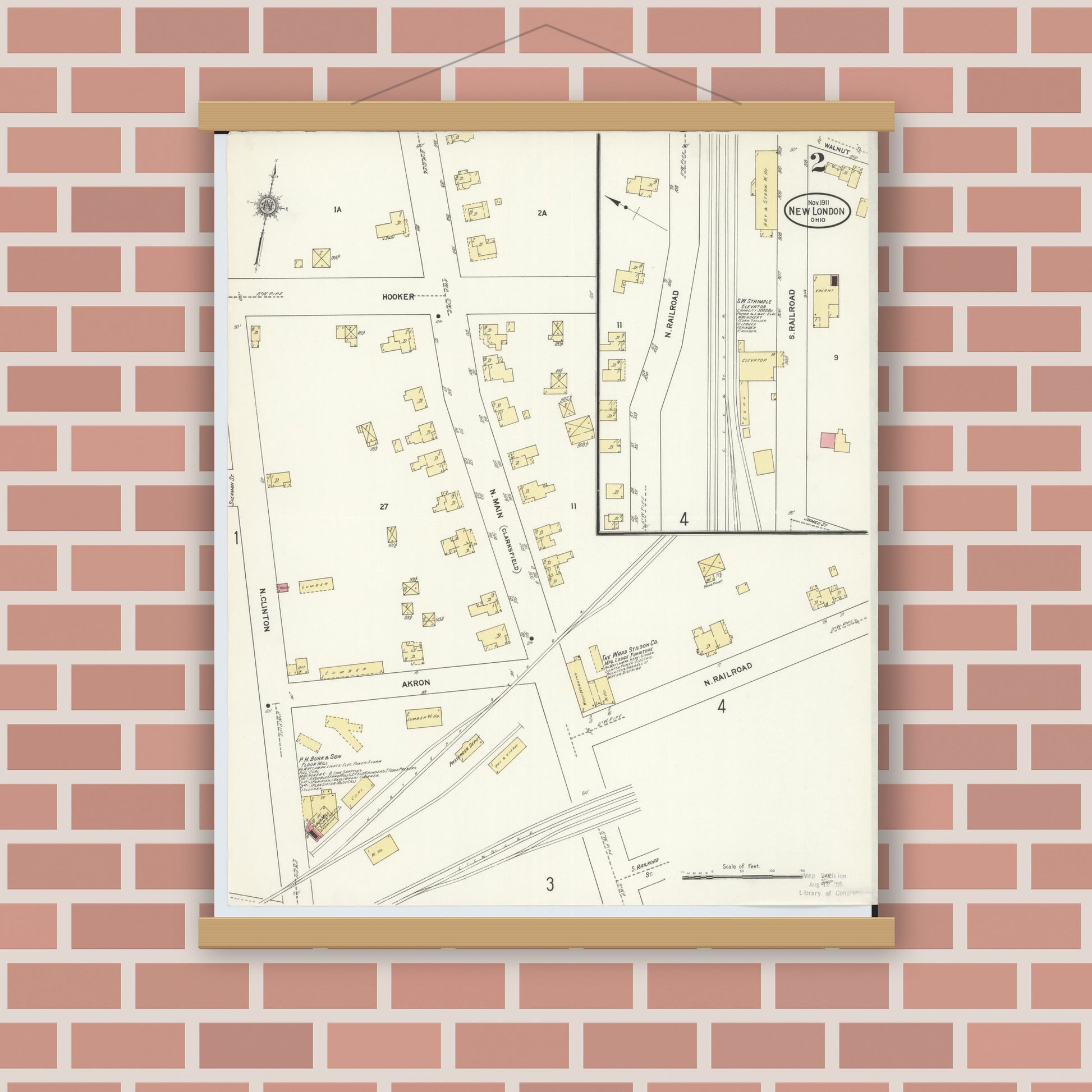 Old map wall art mockup — magnetic wood frame on brick wall — Sanborn Fire Insurance Map from New London, Huron County, Ohio (1911), Sheet #0002