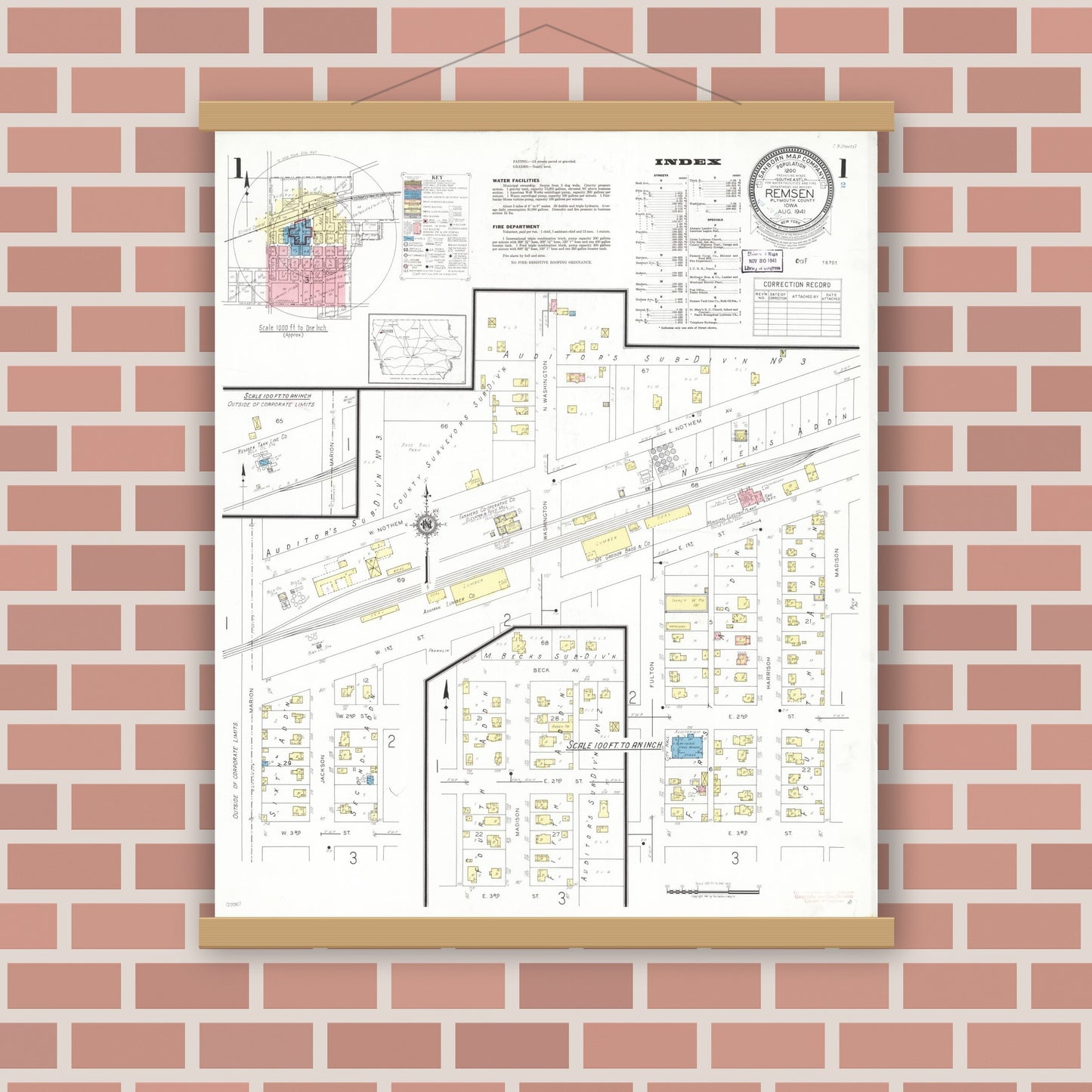 Old map wall art mockup — magnetic wood frame on brick wall — Sanborn Fire Insurance Map from Remsen, Plymouth County, Iowa (1941), Sheet #0001