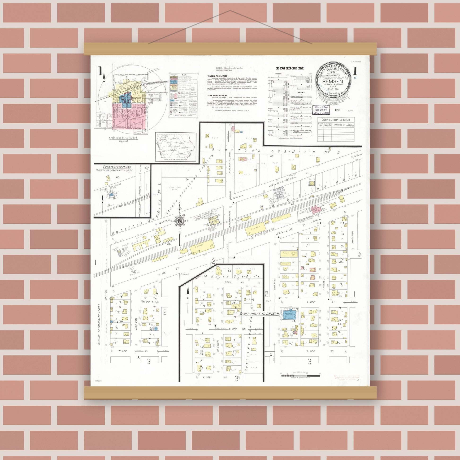 Old map wall art mockup — magnetic wood frame on brick wall — Sanborn Fire Insurance Map from Remsen, Plymouth County, Iowa (1941), Sheet #0001