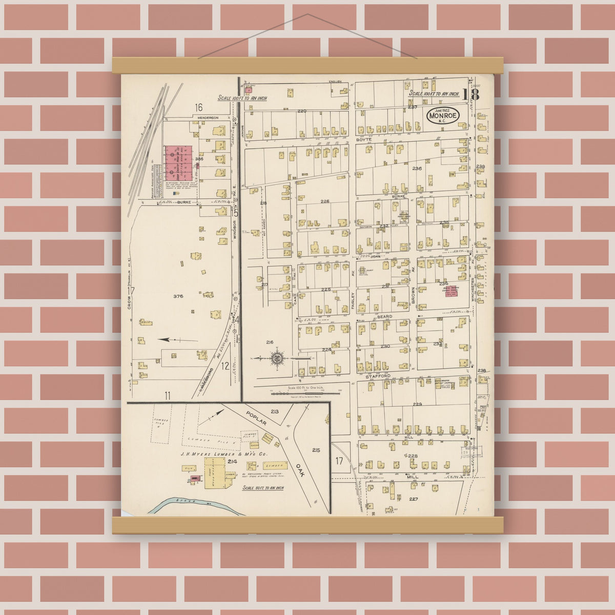 Old map wall art mockup — magnetic wood frame on brick wall — Sanborn Fire Insurance Map from Monroe, Union County, North Carolina (1922), Sheet #0018