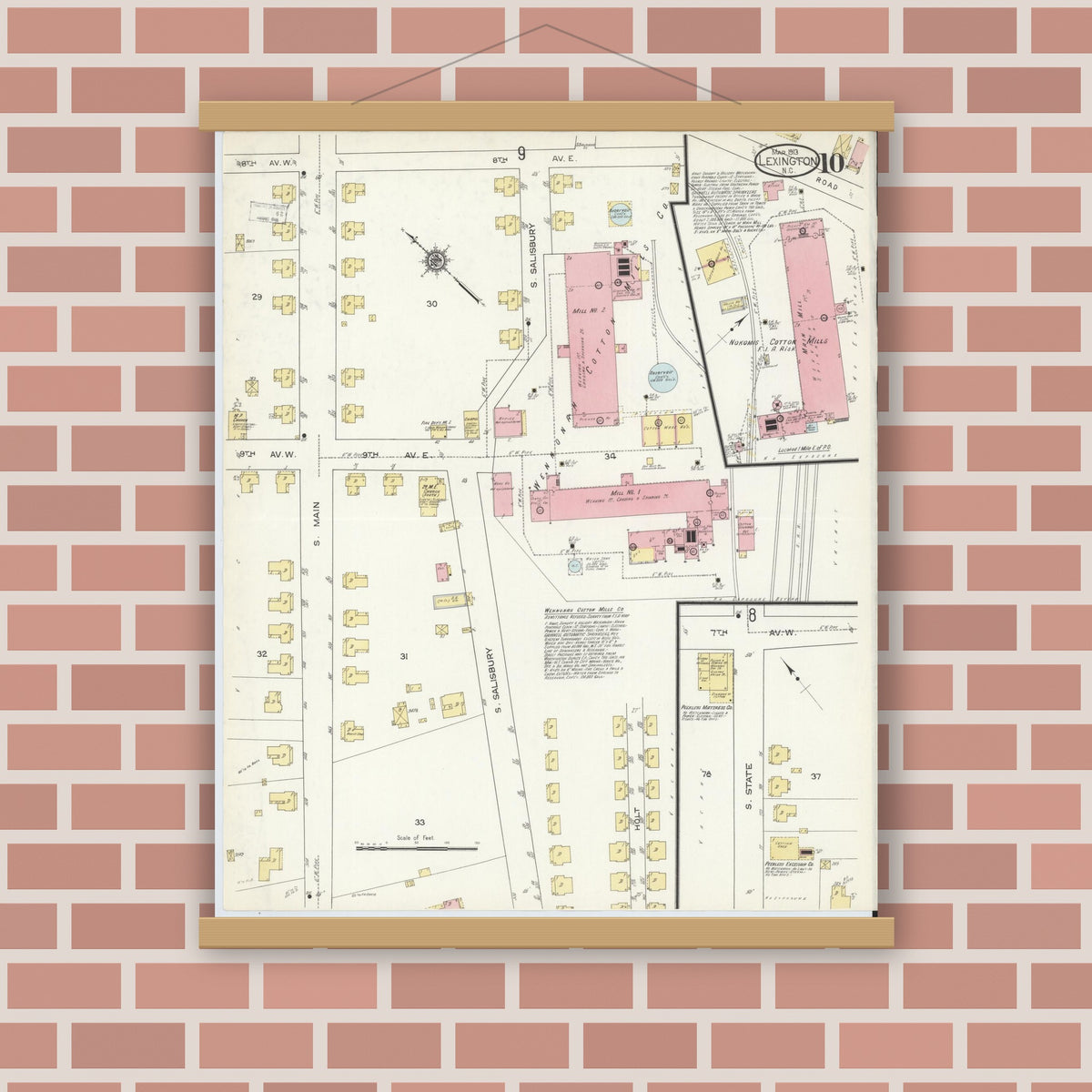 Old map wall art mockup — magnetic wood frame on brick wall — Sanborn Fire Insurance Map from Lexington, Davidson County, North Carolina (1913), Sheet #0010