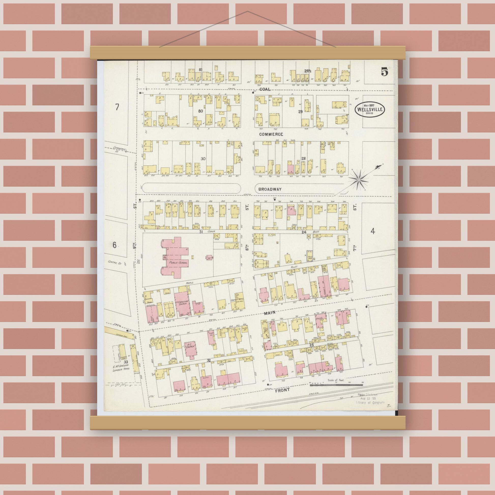 Old map wall art mockup — magnetic wood frame on brick wall — Sanborn Fire Insurance Map from Wellsville, Columbiana County, Ohio (1897), Sheet #0005