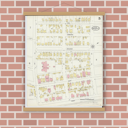 Old map wall art mockup — magnetic wood frame on brick wall — Sanborn Fire Insurance Map from Wellsville, Columbiana County, Ohio (1897), Sheet #0005