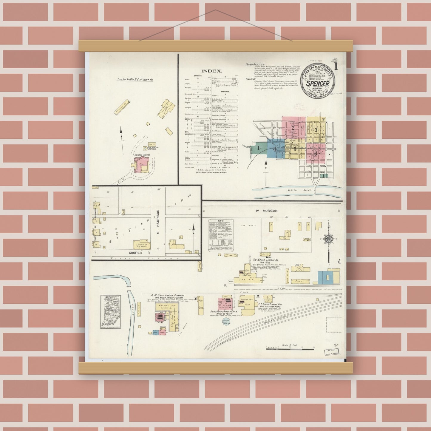 Old map wall art mockup — magnetic wood frame on brick wall — Sanborn Fire Insurance Map from Spencer, Owen County, Indiana (1912) - Complete Map Set