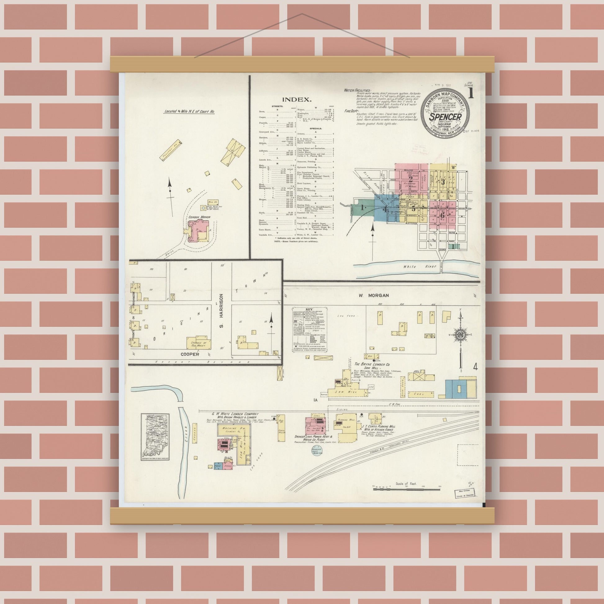 Old map wall art mockup — magnetic wood frame on brick wall — Sanborn Fire Insurance Map from Spencer, Owen County, Indiana (1912) - Complete Map Set