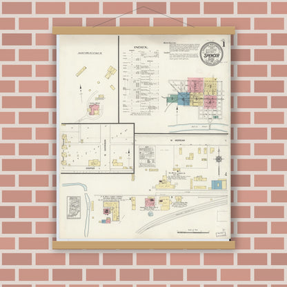 Old map wall art mockup — magnetic wood frame on brick wall — Sanborn Fire Insurance Map from Spencer, Owen County, Indiana (1912) - Complete Map Set
