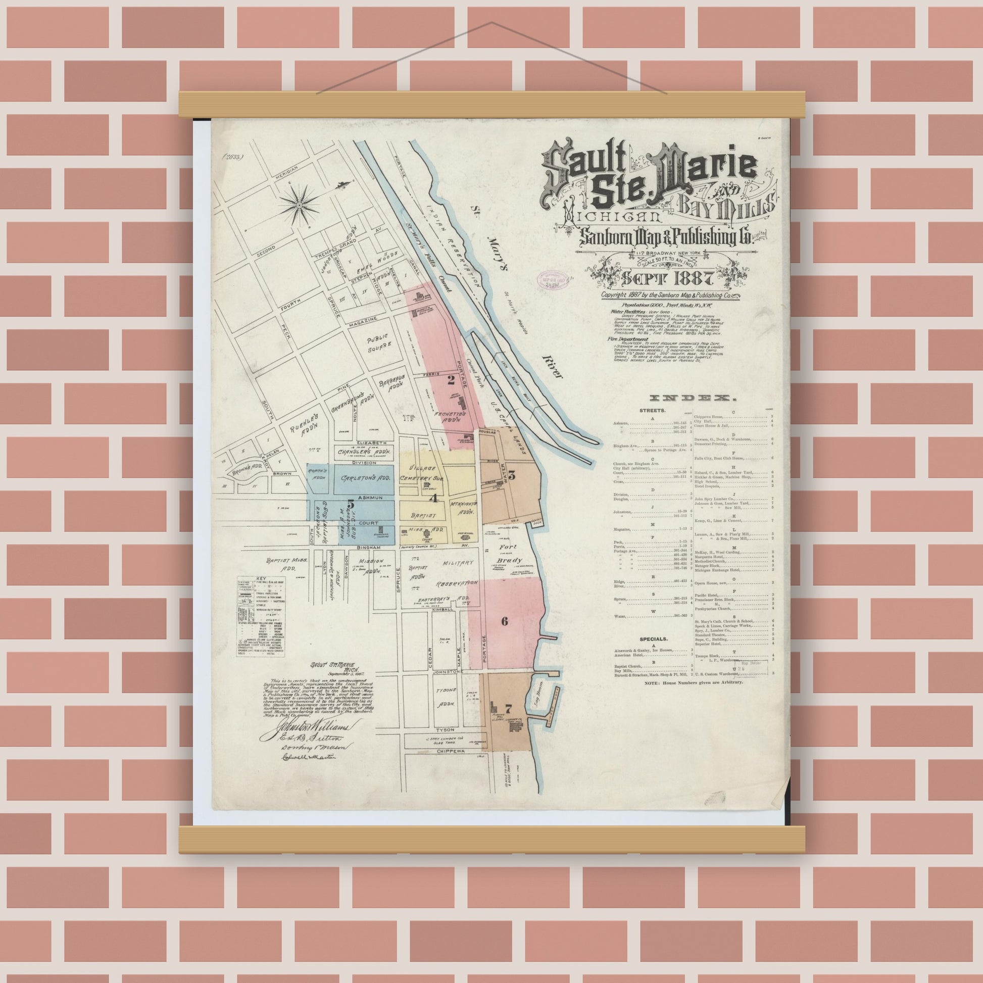 Old map wall art mockup — magnetic wood frame on brick wall — Sanborn Fire Insurance Map from Sault Sainte Marie, Chippewa County, Michigan (1887) - Complete Map Set