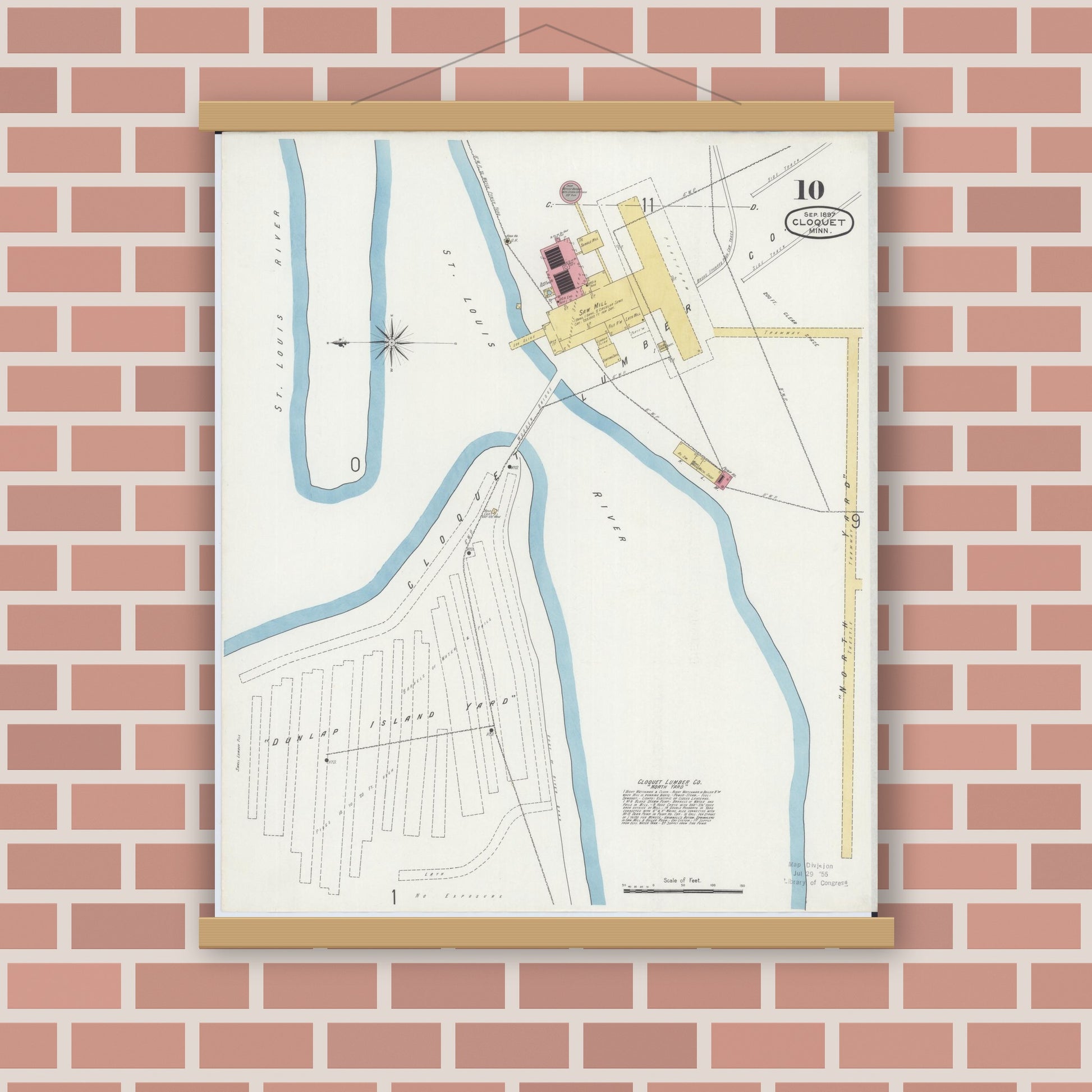 Old map wall art mockup — magnetic wood frame on brick wall — Sanborn Fire Insurance Map from Cloquet, Carlton County, Minnesota (1897), Sheet #0010