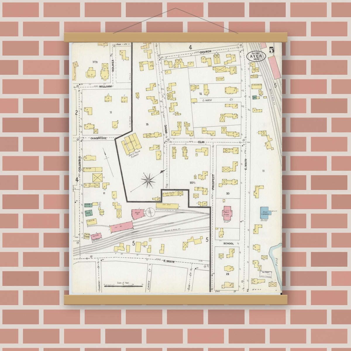 Old map wall art mockup — magnetic wood frame on brick wall — Sanborn Fire Insurance Map from Ayer, Middlesex County, Massachusetts (1902), Sheet #0005