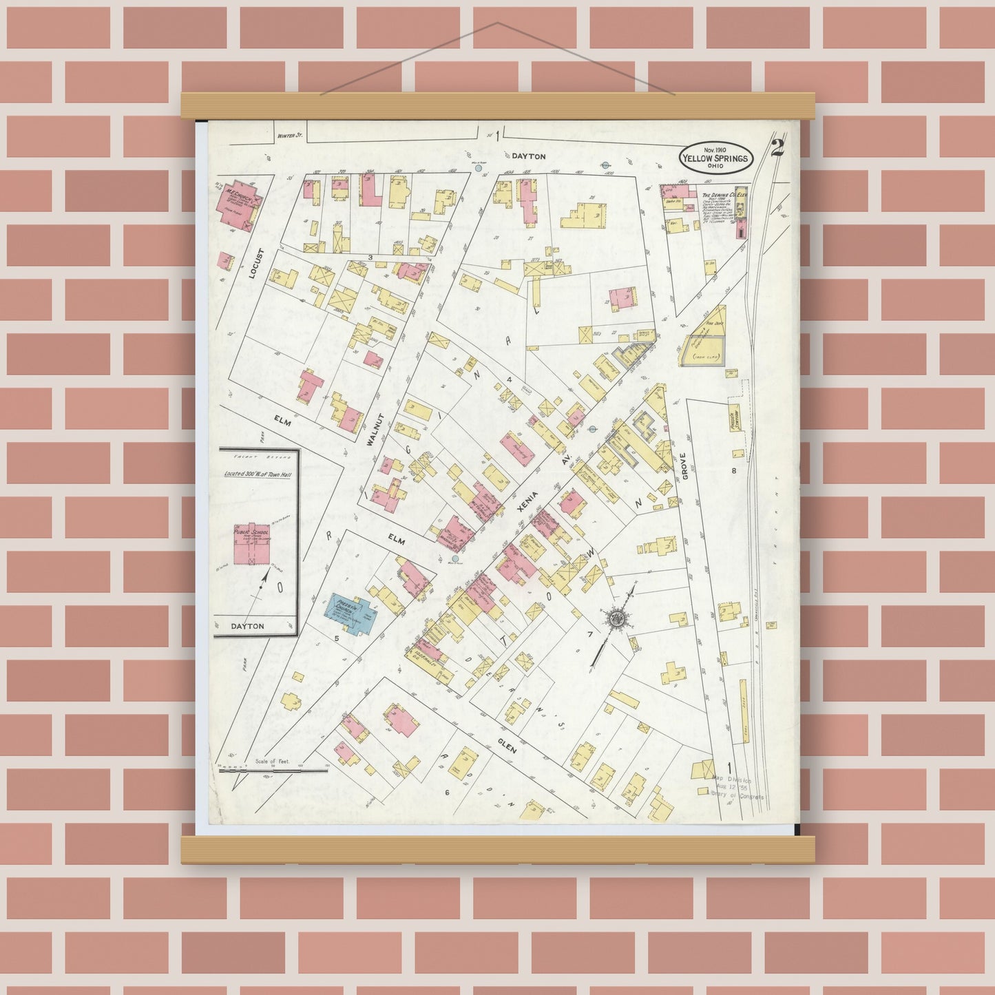 Old map wall art mockup — magnetic wood frame on brick wall — Sanborn Fire Insurance Map from Yellow Springs, Greene County, Ohio (1910), Sheet #0002