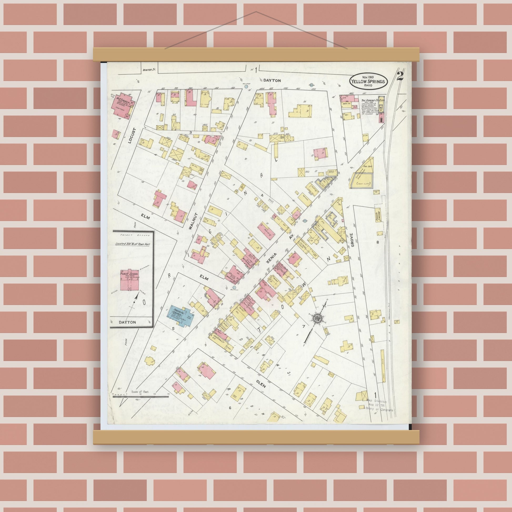Old map wall art mockup — magnetic wood frame on brick wall — Sanborn Fire Insurance Map from Yellow Springs, Greene County, Ohio (1910), Sheet #0002