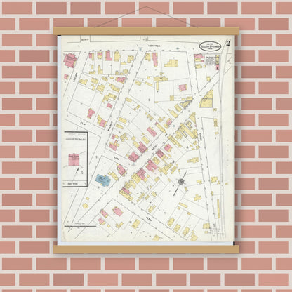 Old map wall art mockup — magnetic wood frame on brick wall — Sanborn Fire Insurance Map from Yellow Springs, Greene County, Ohio (1910), Sheet #0002