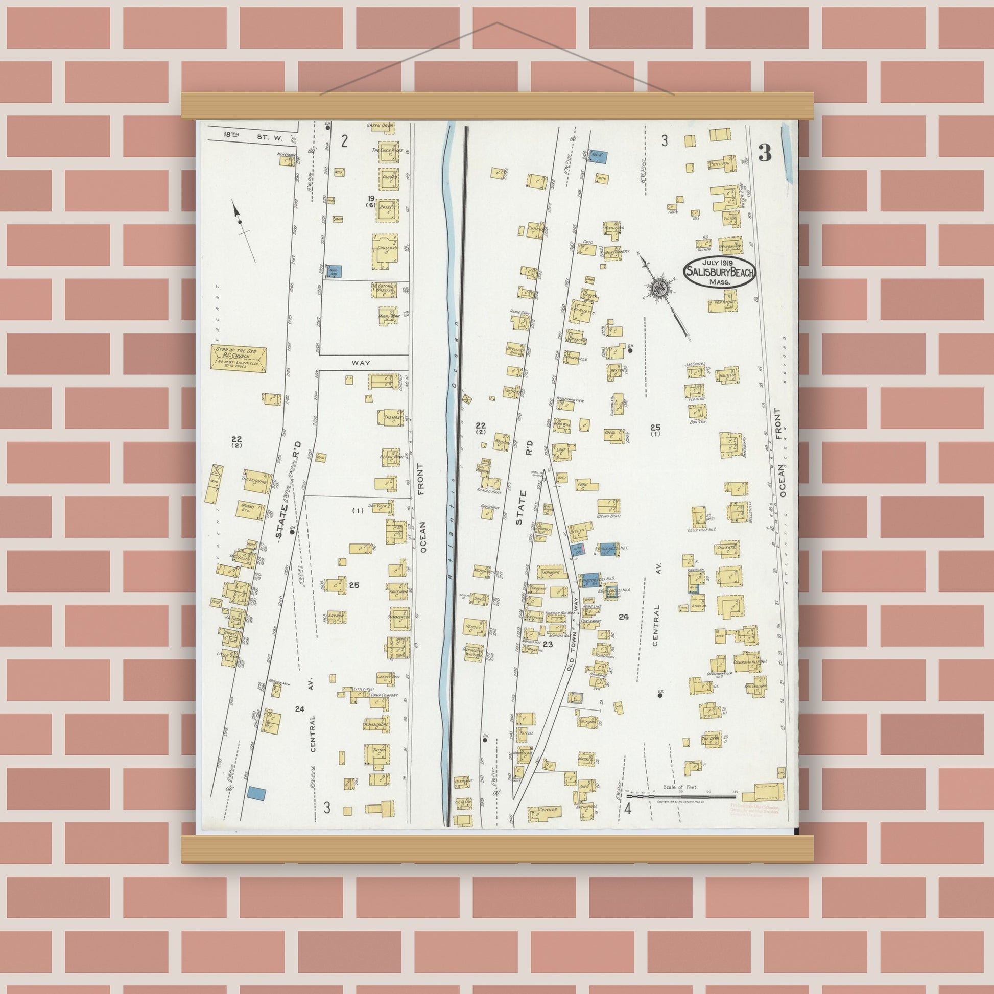 Old map wall art mockup — magnetic wood frame on brick wall — Sanborn Fire Insurance Map from Salisbury, Essex County, Massachusetts (1919), Sheet #0003