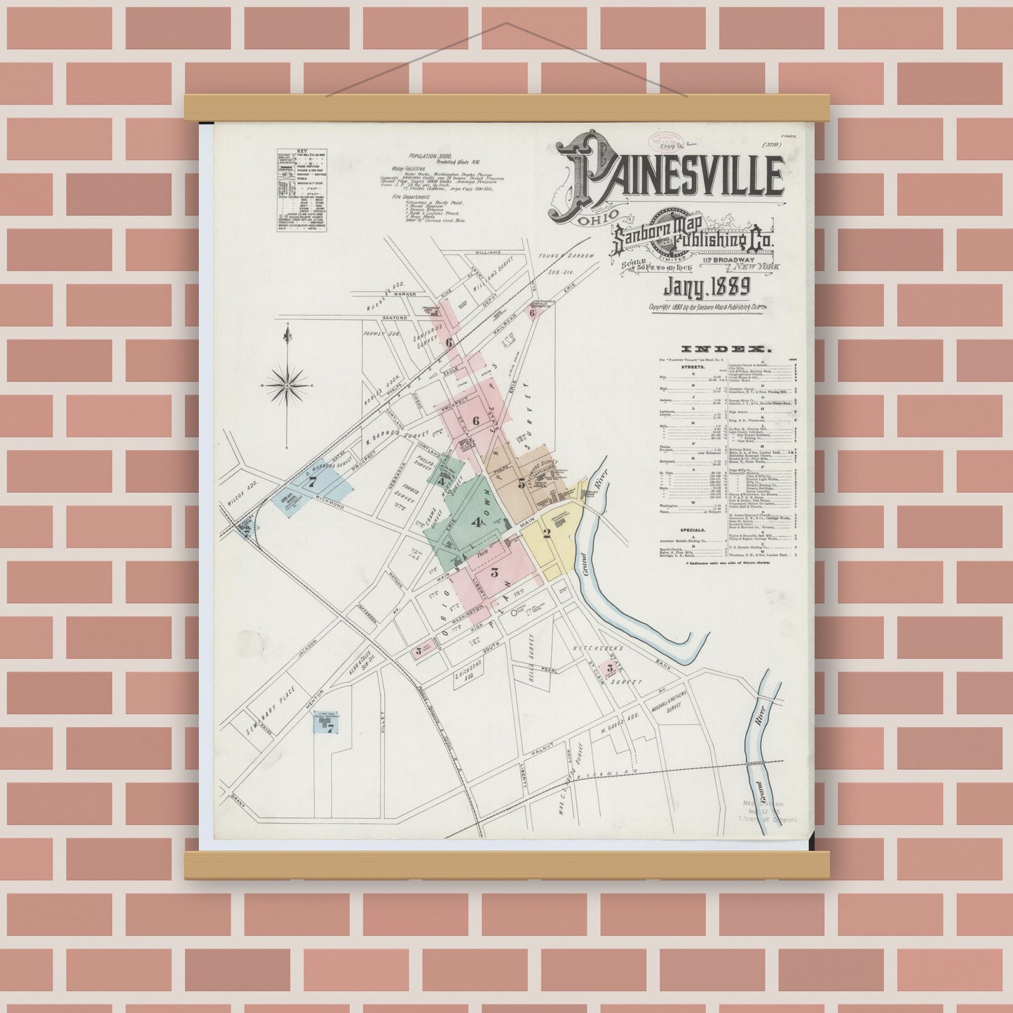 Old map wall art mockup — magnetic wood frame on brick wall — Sanborn Fire Insurance Map from Painesville, Lake County, Ohio (1889), Sheet #0001