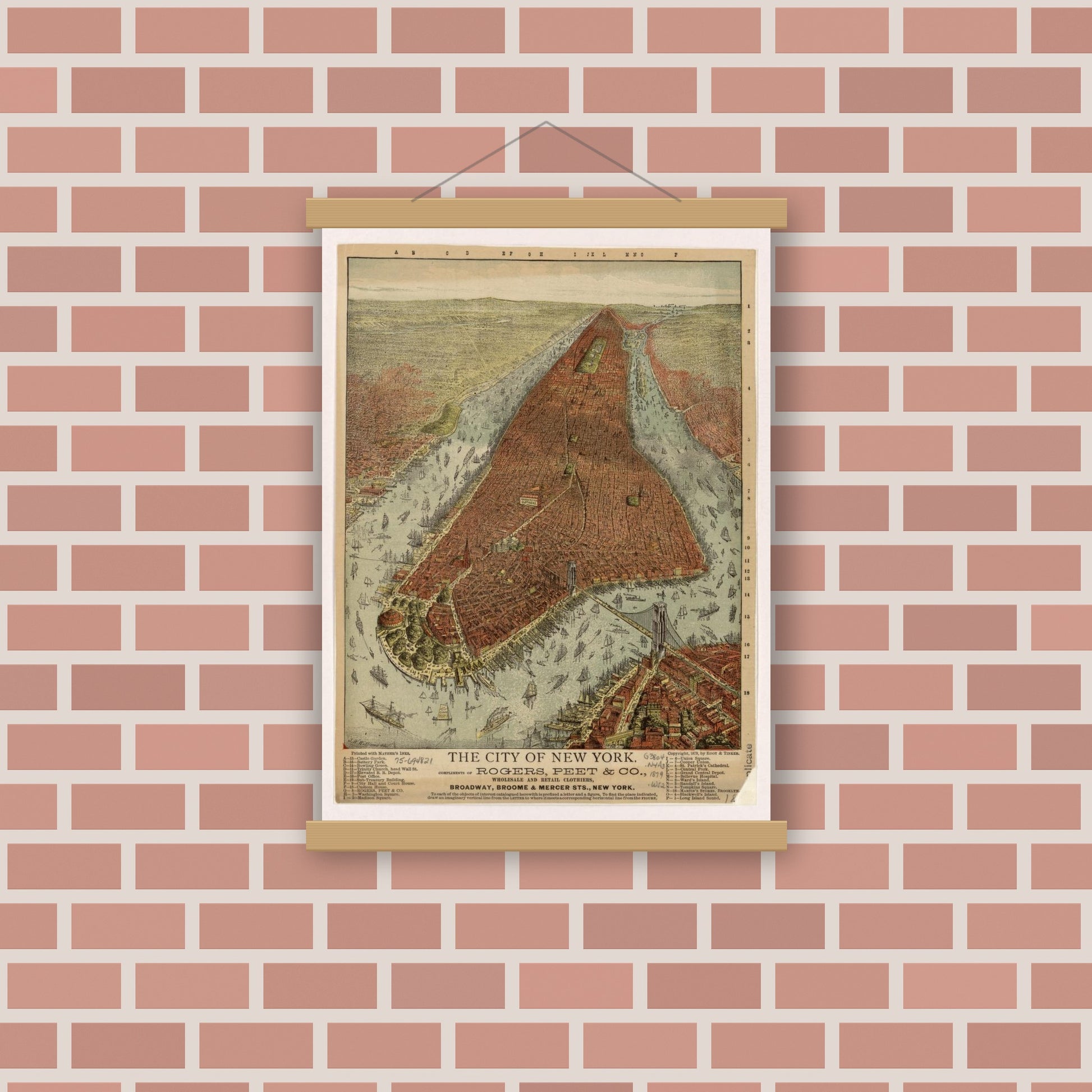 Old map wall art mockup — magnetic wood frame on brick wall — The city of New York. (1879)