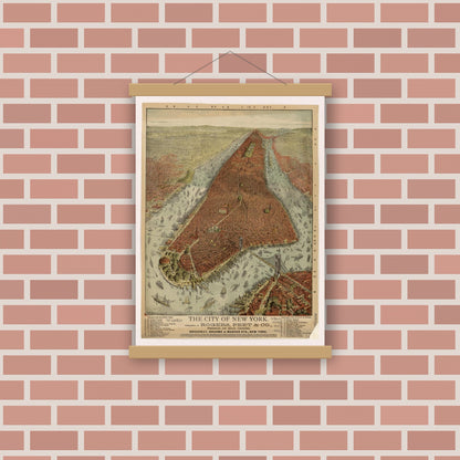 Old map wall art mockup — magnetic wood frame on brick wall — The city of New York. (1879)