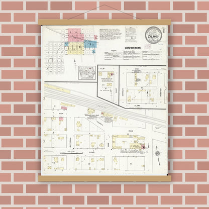 Old map wall art mockup — magnetic wood frame on brick wall — Sanborn Fire Insurance Map from Calmar, Winneshiek County, Iowa (1914) â€” Complete Set