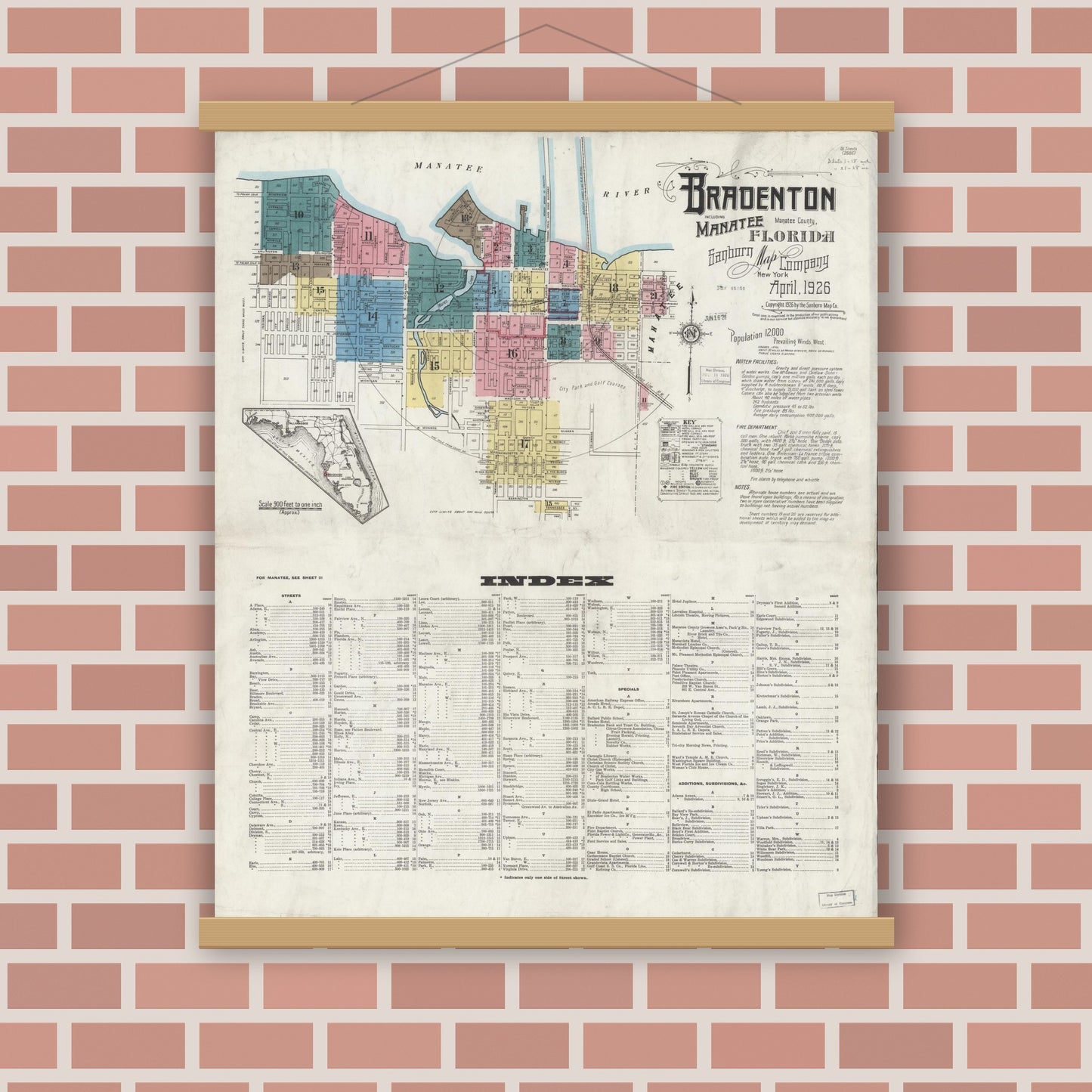 Old map wall art mockup — magnetic wood frame on brick wall — Sanborn Fire Insurance Map from Bradentown, Manatee County, Florida (1926) - Complete Map Set