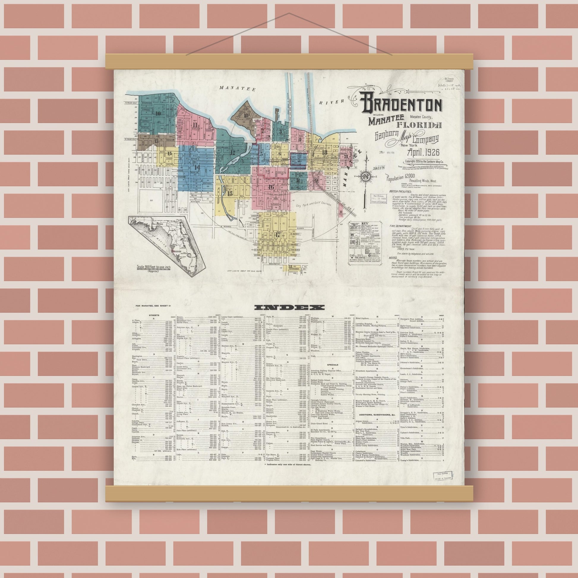 Old map wall art mockup — magnetic wood frame on brick wall — Sanborn Fire Insurance Map from Bradentown, Manatee County, Florida (1926) - Complete Map Set