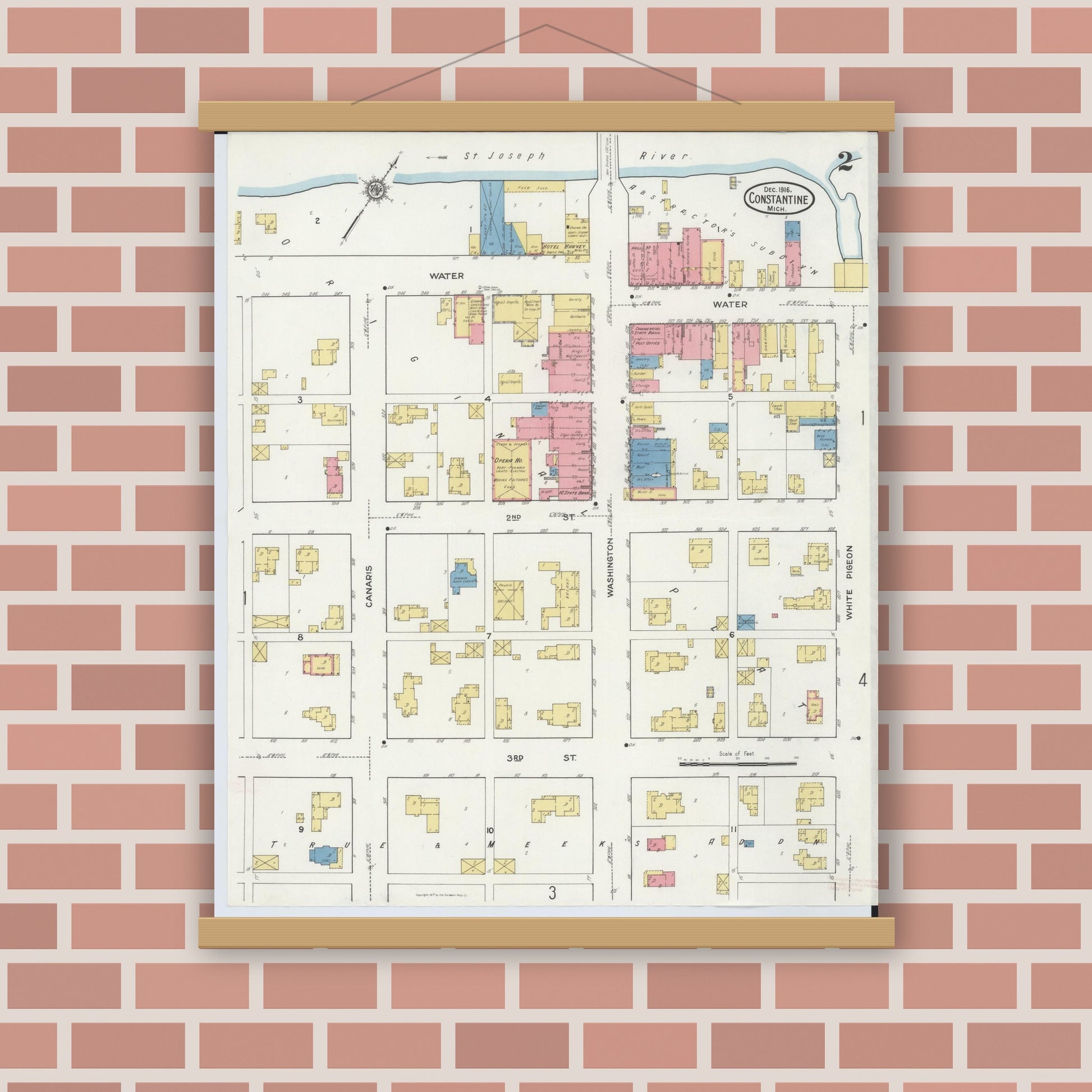 Old map wall art mockup — magnetic wood frame on brick wall — Sanborn Fire Insurance Map from Constantine, Saint Joseph County, Michigan (1916), Sheet #0002