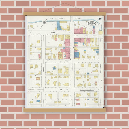 Old map wall art mockup — magnetic wood frame on brick wall — Sanborn Fire Insurance Map from Constantine, Saint Joseph County, Michigan (1916), Sheet #0002