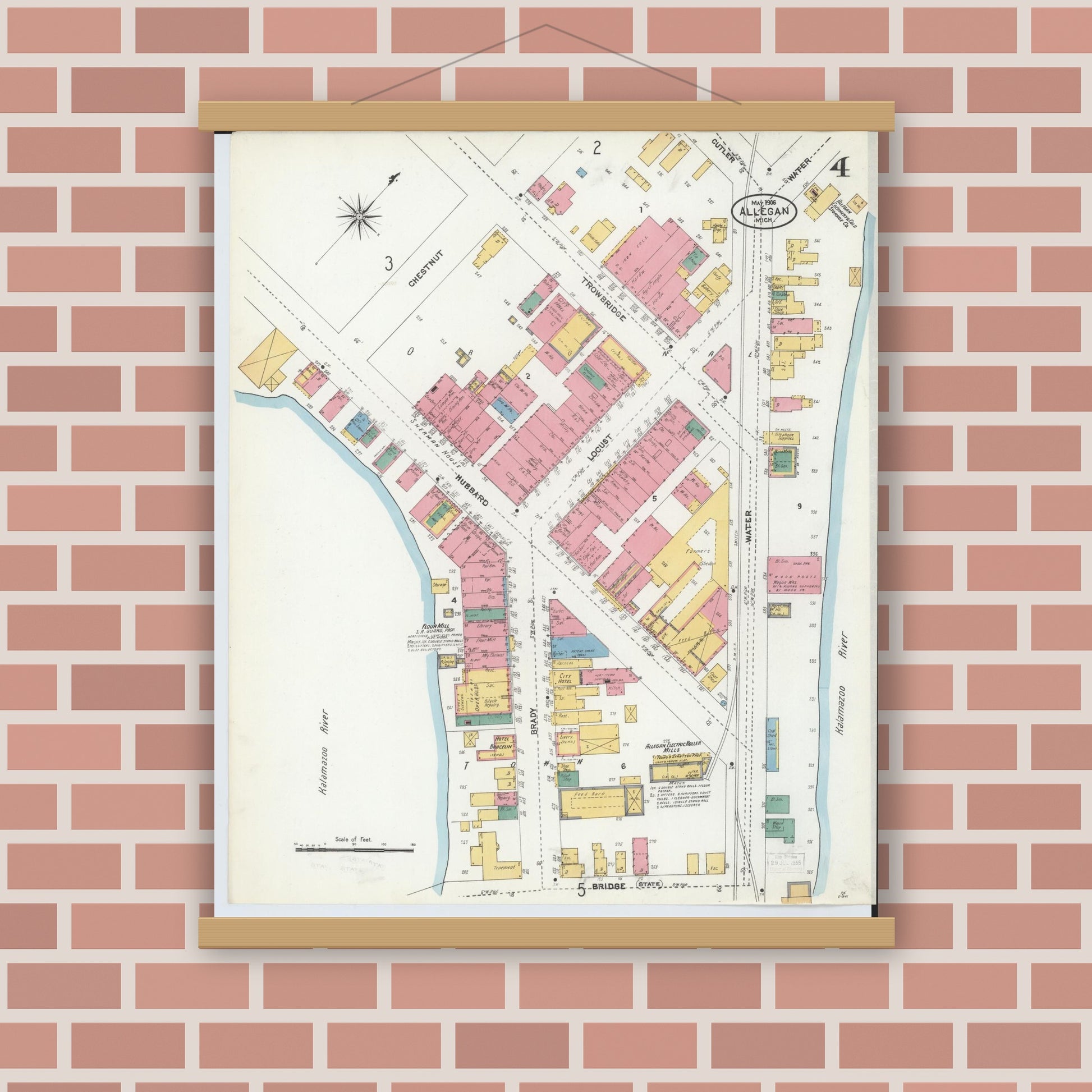 Old map wall art mockup — magnetic wood frame on brick wall — Sanborn Fire Insurance Map from Allegan, Allegan County, Michigan (1906), Sheet #0004