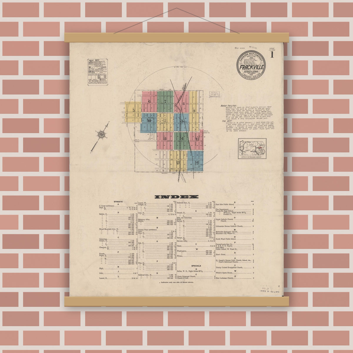 Old map wall art mockup — magnetic wood frame on brick wall — Sanborn Fire Insurance Map from Frackville, Schuylkill County, Pennsylvania (1921) - Complete Map Set