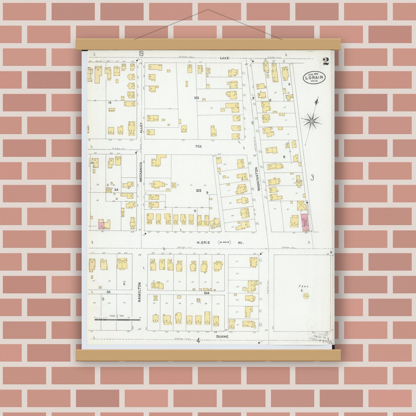 Old map wall art mockup — magnetic wood frame on brick wall — Sanborn Fire Insurance Map from Lorain, Lorain County, Ohio (1905), Sheet #0002