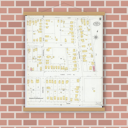 Old map wall art mockup — magnetic wood frame on brick wall — Sanborn Fire Insurance Map from Lorain, Lorain County, Ohio (1905), Sheet #0002