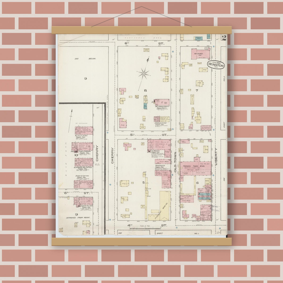 Old map wall art mockup — magnetic wood frame on brick wall — Sanborn Fire Insurance Map from Winston-Salem, Forsyth County, North Carolina (1885), Sheet #0002
